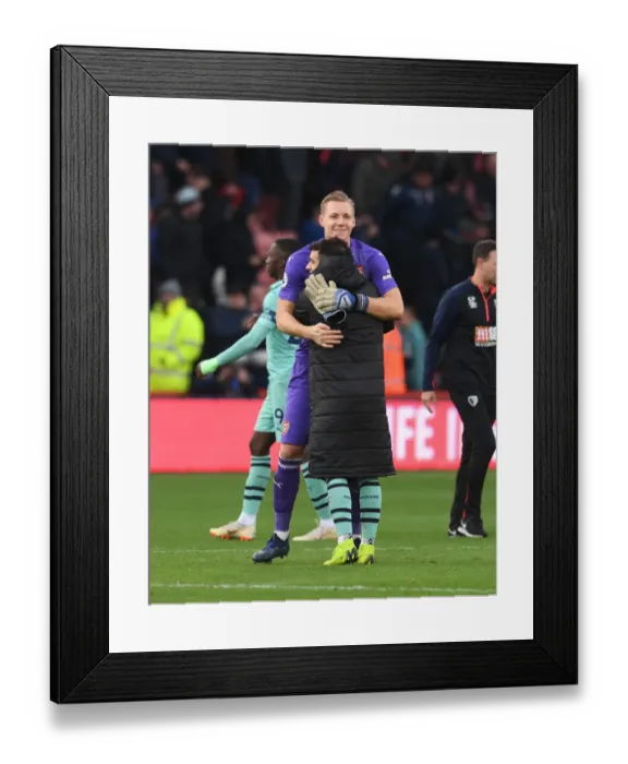 Framed Print : Celebrating Victory: Leno and Torreira's Moment of Triumph after Arsenal's Win against Bournemouth Framed Print : Celebrating Victory: Leno and Torreira's Moment of Triumph after Arsenal's Win against Bournemouth