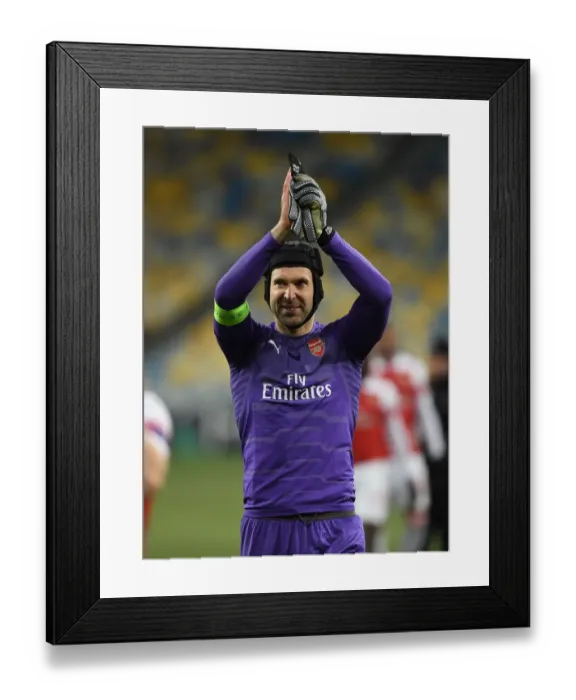 Framed Print : Petr Cech Celebrates with Arsenal Fans after UEFA Europa League Victory over Vorskla Poltava