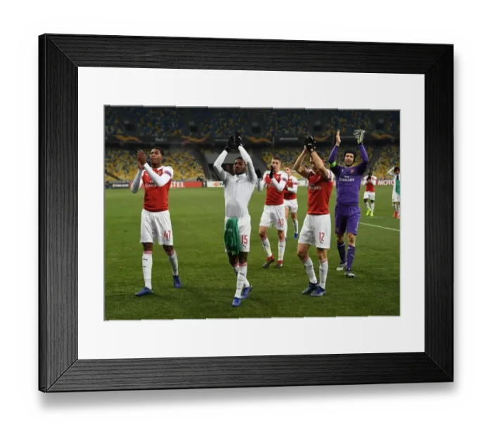 Framed Print : Arsenal Players Zech Medley and Ainsley Maitland-Niles Celebrate with Fans after UEFA Europa League Match vs. Vorskla Poltava