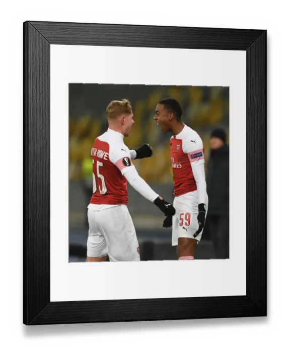 Framed Print : Arsenal's Joe Willock and Emile Smith Rowe: Celebrating Goals in Europa League Victory over Vorskla Poltava