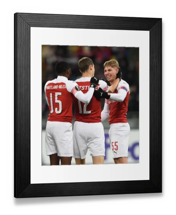 Framed Print : Emile Smith Rowe's Disallowed Goal Celebration with Stephan Lichtsteiner - Arsenal's Europa League Victory over FC Vorskla Poltava