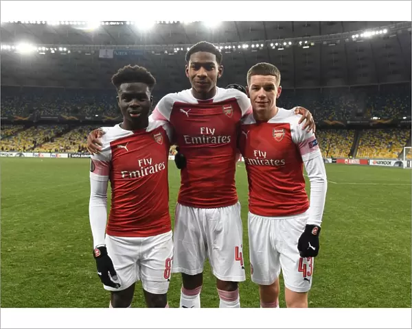 Arsenal debutants Bukayo Saka, Zech Medley and Charlie Gilmour. FC Vorskla Poltava 0