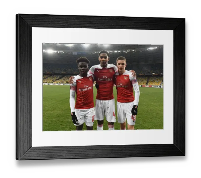 Framed Print : Arsenal debutants Bukayo Saka, Zech Medley and Charlie Gilmour. FC Vorskla Poltava 0