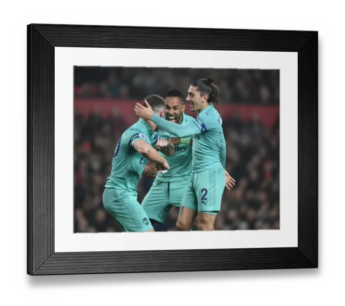 Framed Print : Arsenal's Mustafi, Aubameyang, and Bellerin Celebrate Goal Against Manchester United (2018-19)