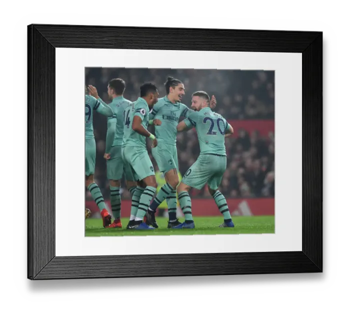 Framed Print : Arsenal's Triumph: Mustafi, Aubameyang, and Bellerin Celebrate First Goal vs. Manchester United (2018-19) Framed Print : Arsenal's Triumph: Mustafi, Aubameyang, and Bellerin Celebrate First Goal vs. Manchester United (2018-19)