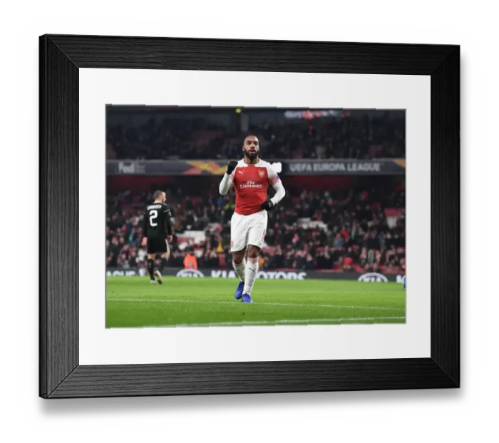 Framed Print : Arsenal's Alex Lacazette Celebrates Goal Against Qarabag in Europa League Match Framed Print : Arsenal's Alex Lacazette Celebrates Goal Against Qarabag in Europa League Match