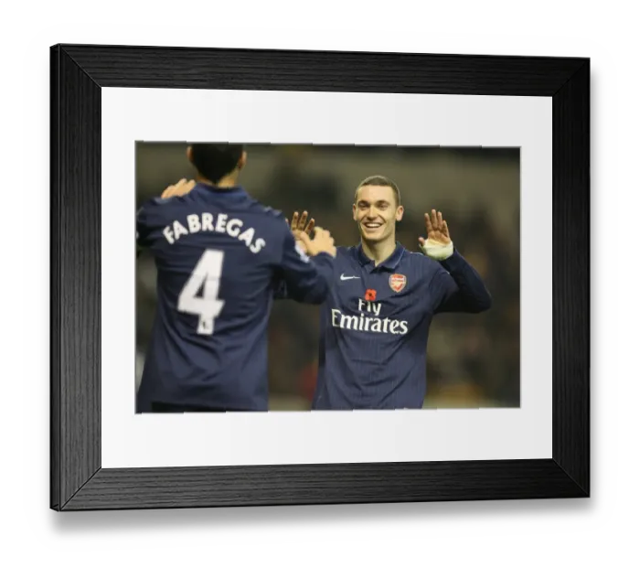 Framed Print : Thomas Vermaelen and Cesc Fabregas celebrate the 4th Arsenal goal