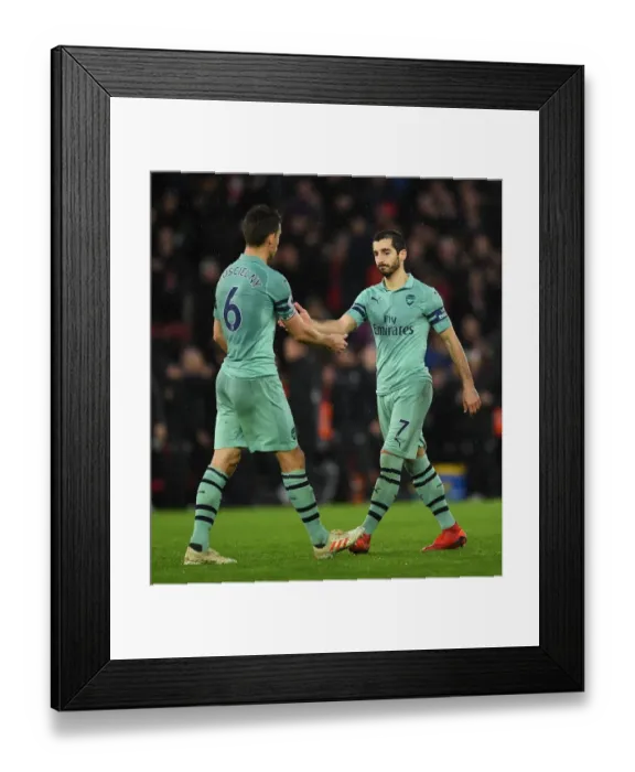 Framed Print : Celebration Moment: Koscielny and Mkhitaryan High-Five After Arsenal's Win Against Southampton (2018-19)