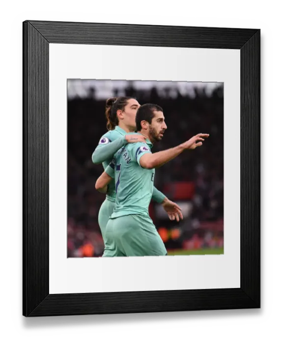 Framed Print : Arsenal's Mkhitaryan and Bellerin: Dynamic Duo Scores First Goals Against Southampton (2018-19)