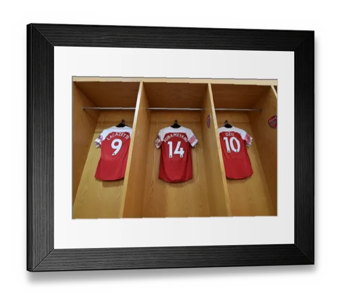 Framed Print : Arsenal's Lacazette, Ozil, and Aubameyang Donning Their Shirts Before Arsenal v Burnley (2018-19)