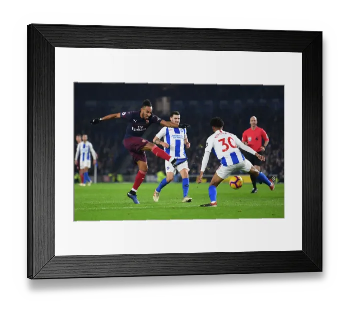 Framed Print : Aubameyang Faces Off Against Bernardo: Intense Moment from Brighton vs. Arsenal Premier League Clash