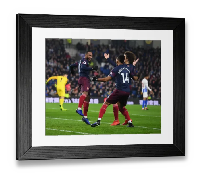 Framed Print : Arsenal's Aubameyang, Lacazette and Guebdouzi Celebrate Goal vs. Brighton (2018-19) Framed Print : Arsenal's Aubameyang, Lacazette and Guebdouzi Celebrate Goal vs. Brighton (2018-19)