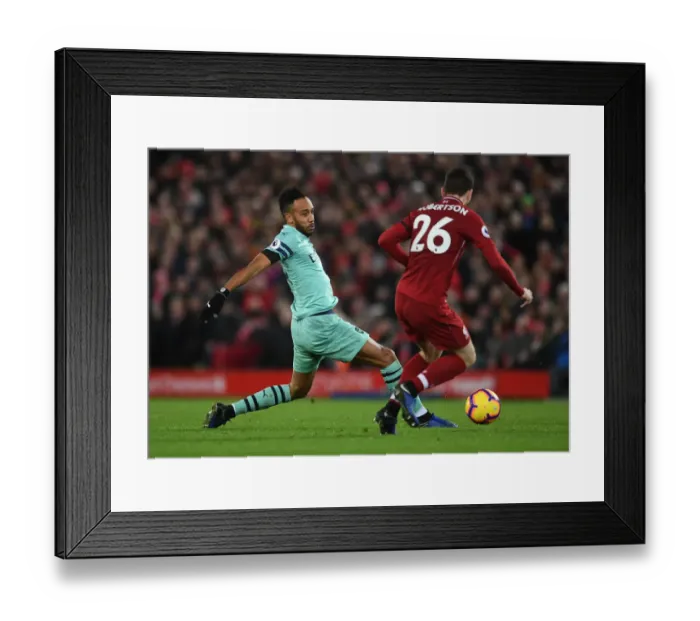 Framed Print : Aubameyang vs Robertson: Intense Battle at Anfield - Premier League 2018-19
