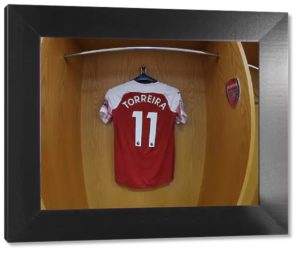 Arsenal FC: Lucas Torreira's Hanging Jersey in the Changing Room before Arsenal v Fulham, Premier League 2018-19