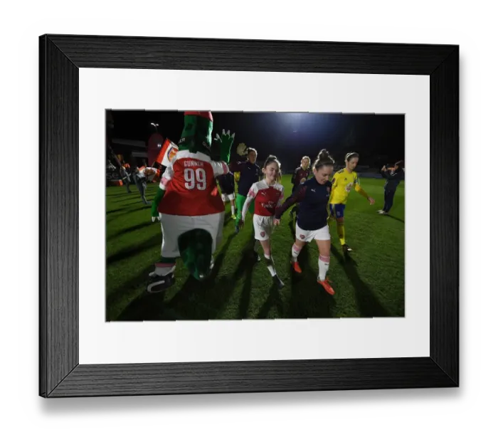 Framed Print : Arsenal mascot with Kim Little before the match