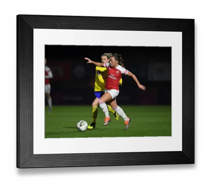 Framed Print : Arsenal's Katie McCabe Faces Off Against Birmingham's Emma Folis in FA WSL Continental Tyres Cup Match Framed Print : Arsenal's Katie McCabe Faces Off Against Birmingham's Emma Folis in FA WSL Continental Tyres Cup Match