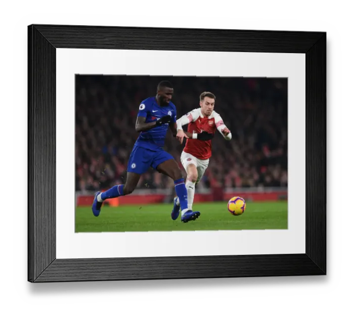 Framed Print : Arsenal's Ramsey Chases Down Chelsea's Rudiger: Intense Moment from the Arsenal v Chelsea Clash, Premier League 2018-19