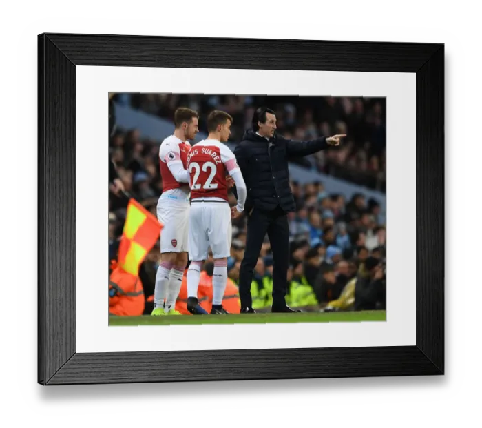 Framed Print : Arsenal FC: Unai Emery Conferencing with Ramsey and Suarez during Manchester City Clash (Premier League 2018-19) Framed Print : Arsenal FC: Unai Emery Conferencing with Ramsey and Suarez during Manchester City Clash (Premier League 2018-19)