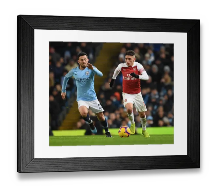 Framed Print : Torreira vs Silva: Intense Tackle in the Premier League Showdown between Manchester City and Arsenal, 2018-19