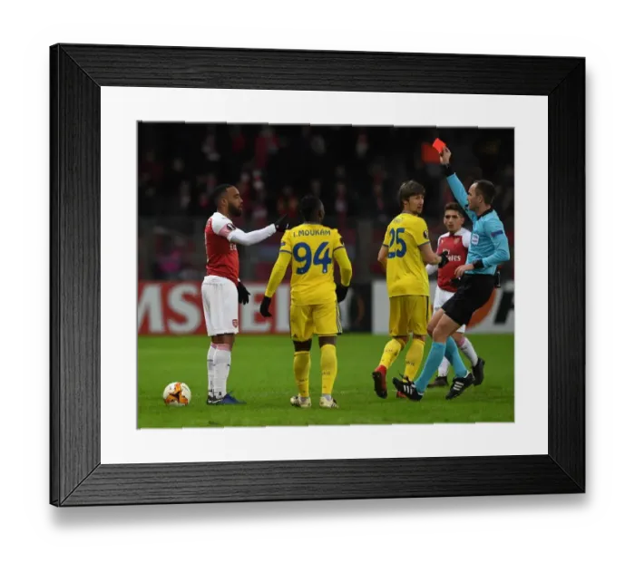 Framed Print : Alexandre Lacazette's Red Card Marred Arsenal's Europa League Clash Against BATE Borisov