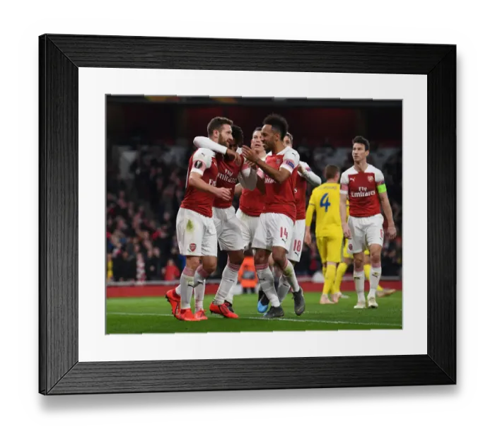 Framed Print : Arsenal's Mustafi and Aubameyang: Celebrating a Europa League Goal