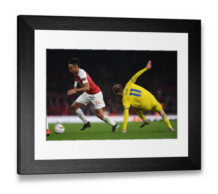 Framed Print : Arsenal's Aubameyang Clashes with BATE's Hleb in Europa League Showdown Framed Print : Arsenal's Aubameyang Clashes with BATE's Hleb in Europa League Showdown