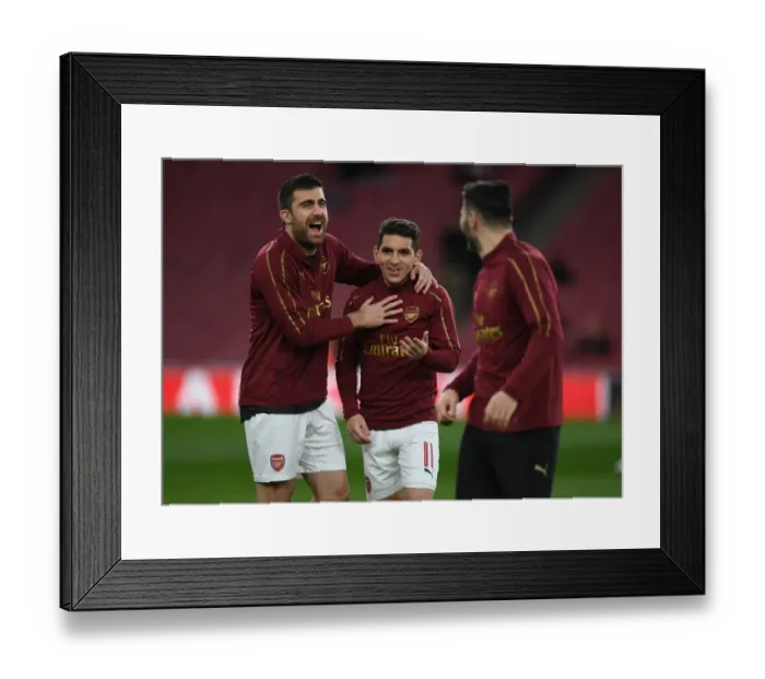 Framed Print : Arsenal Players Sokratis and Torreira Warm Up Ahead of Arsenal v BATE Borisov UEFA Europa League Clash Framed Print : Arsenal Players Sokratis and Torreira Warm Up Ahead of Arsenal v BATE Borisov UEFA Europa League Clash