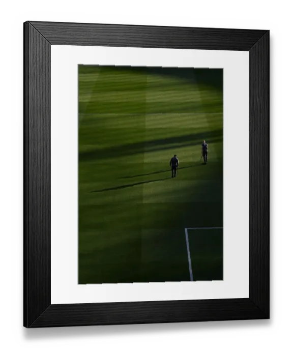 Framed Print : Arsenal Groundsmen's Meticulous Preparation for Emirates Stadium Pitch Ahead of Arsenal vs AFC Bournemouth
