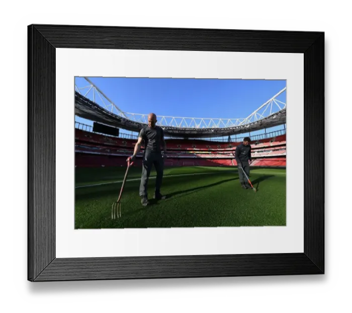 Framed Print : Arsenal: Groundsmen Prepare Meticulously Groomed Emirates Stadium Pitch for Arsenal v AFC Bournemouth