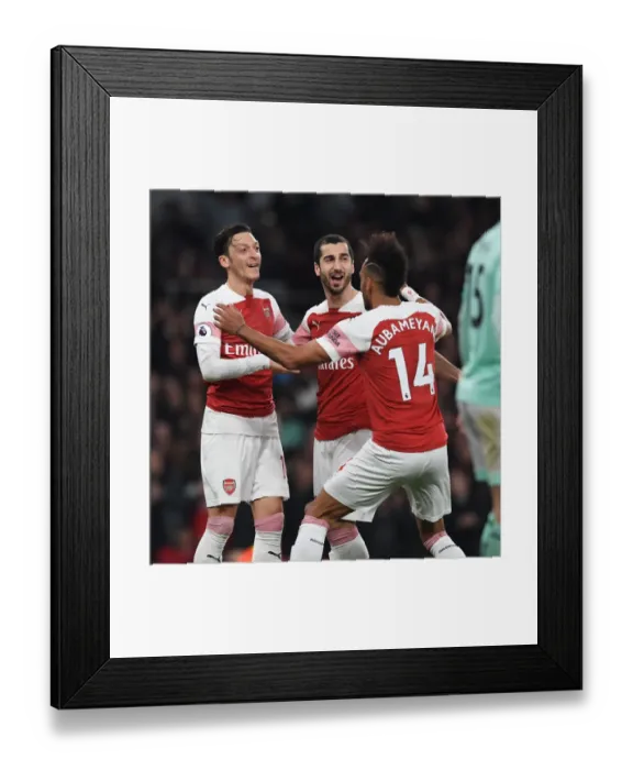 Framed Print : Arsenal's Mkhitaryan, Ozil, and Aubameyang: A Triumphant Goal Celebration Against Bournemouth Framed Print : Arsenal's Mkhitaryan, Ozil, and Aubameyang: A Triumphant Goal Celebration Against Bournemouth