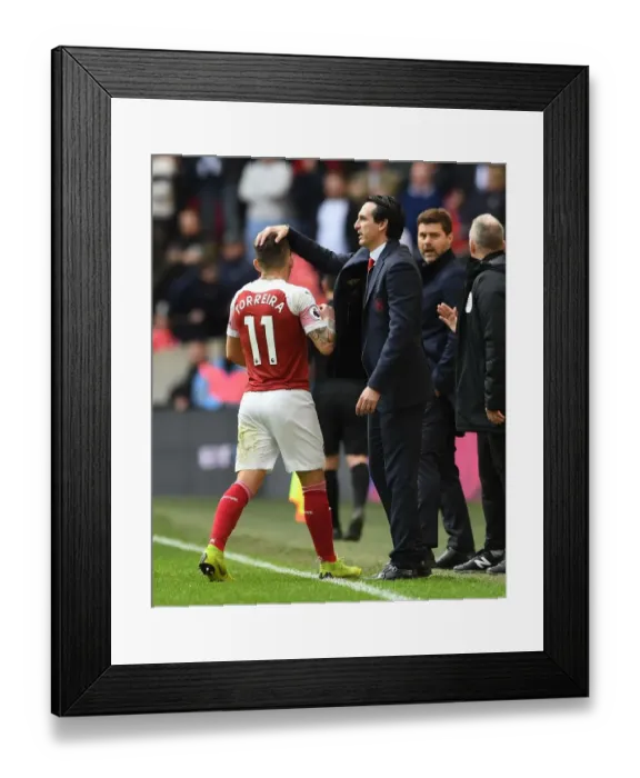 Framed Print : Unai Emery and Lucas Torreira: Arsenal's Dual Exit from Wembley Amidst Tottenham's Premier League Battle (2019)