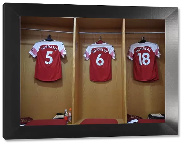 Arsenal Changing Room: Sokratis, Koscielny, and Monreal Shirts Before Arsenal v Manchester United (2018-19)