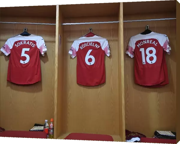 Arsenal Changing Room: Sokratis, Koscielny, and Monreal Shirts Before Arsenal v Manchester United (2018-19)
