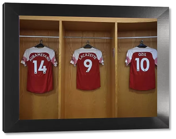 Arsenal's Stars: Aubameyang, Ozil, and Lacazette's Jerseys in the Changing Room Before Arsenal v Manchester United (2018-19)