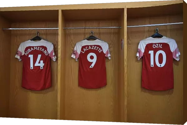 Arsenal's Stars: Aubameyang, Ozil, and Lacazette's Jerseys in the Changing Room Before Arsenal v Manchester United (2018-19)