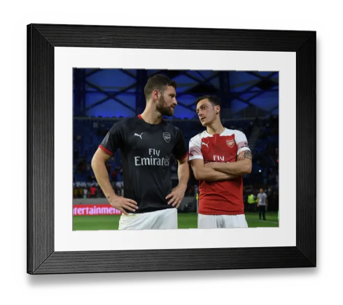 Framed Print : Arsenal's Ozil and Mustafi Posing After Al-Nasr Dubai Friendly Match
