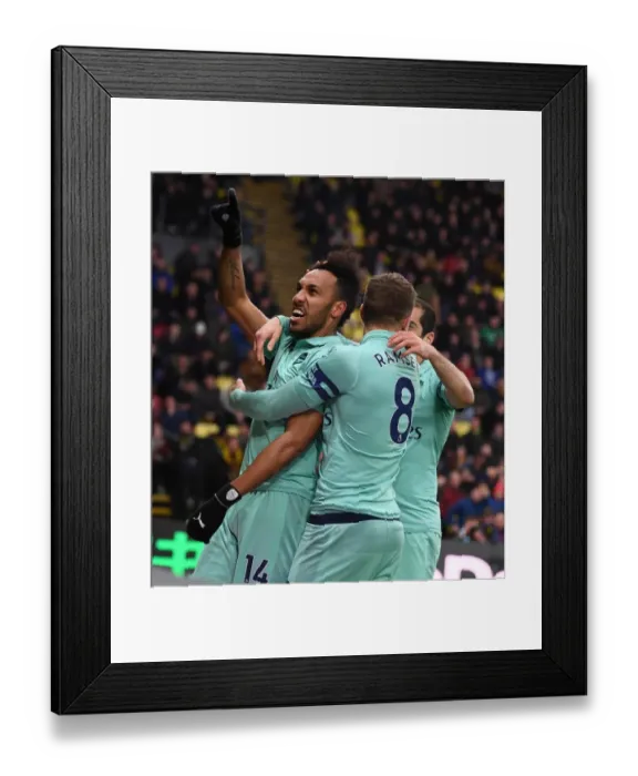 Framed Print : Arsenal Stars Aubameyang and Ramsey: Celebrating a Goal Against Watford (2018-19) Framed Print : Arsenal Stars Aubameyang and Ramsey: Celebrating a Goal Against Watford (2018-19)