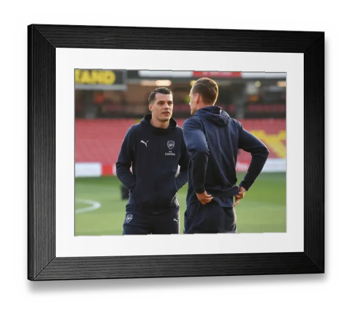Framed Print : Arsenal FC: Xhaka and Leno Pre-Match Huddle vs. Watford FC (Premier League, 2018-19) Framed Print : Arsenal FC: Xhaka and Leno Pre-Match Huddle vs. Watford FC (Premier League, 2018-19)