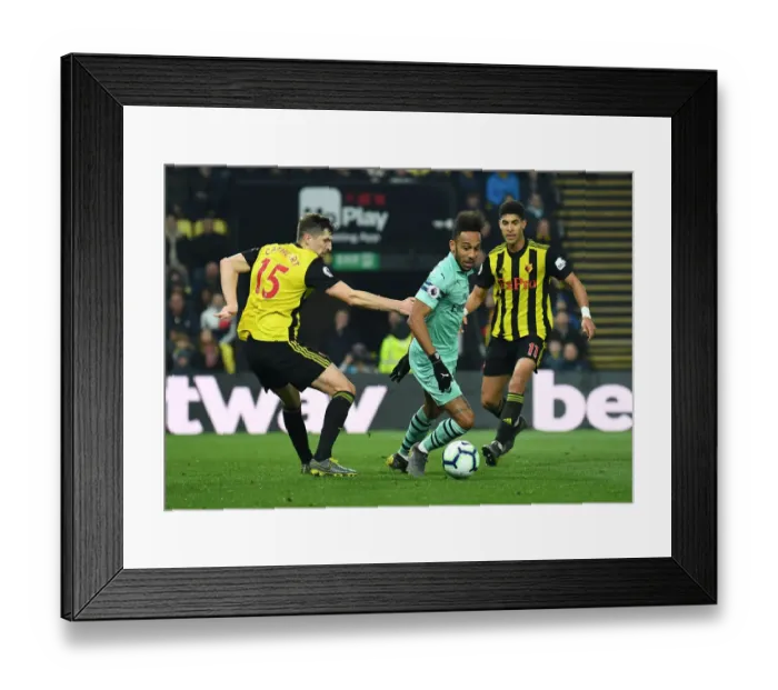 Framed Print : Arsenal's Aubameyang Faces Off Against Watford Defenders during Premier League Clash (2018-19) Framed Print : Arsenal's Aubameyang Faces Off Against Watford Defenders during Premier League Clash (2018-19)