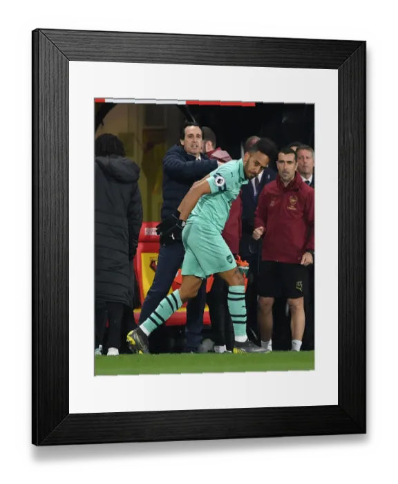 Framed Print : Aubameyang Scores, Emery Congratulates: Arsenal's Victory at Watford (2018-19) Framed Print : Aubameyang Scores, Emery Congratulates: Arsenal's Victory at Watford (2018-19)