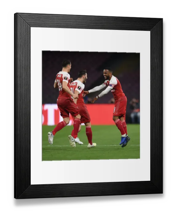 Framed Print : Alexandre Lacazette's Euphoric Goal Celebration: Arsenal's Europa League Triumph over Napoli (2018-19) Framed Print : Alexandre Lacazette's Euphoric Goal Celebration: Arsenal's Europa League Triumph over Napoli (2018-19)