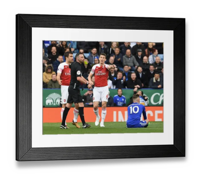 Framed Print : Arsenal's Sokratis and Koscielny Protest Referee Decision in Leicester City vs Arsenal Premier League Clash (2018-19)