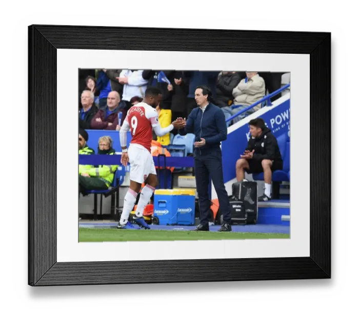 Framed Print : Unai Emery and Alex Lacazette: A Handshake at The King Power Stadium - Leicester City vs. Arsenal FC, Premier League 2018-19