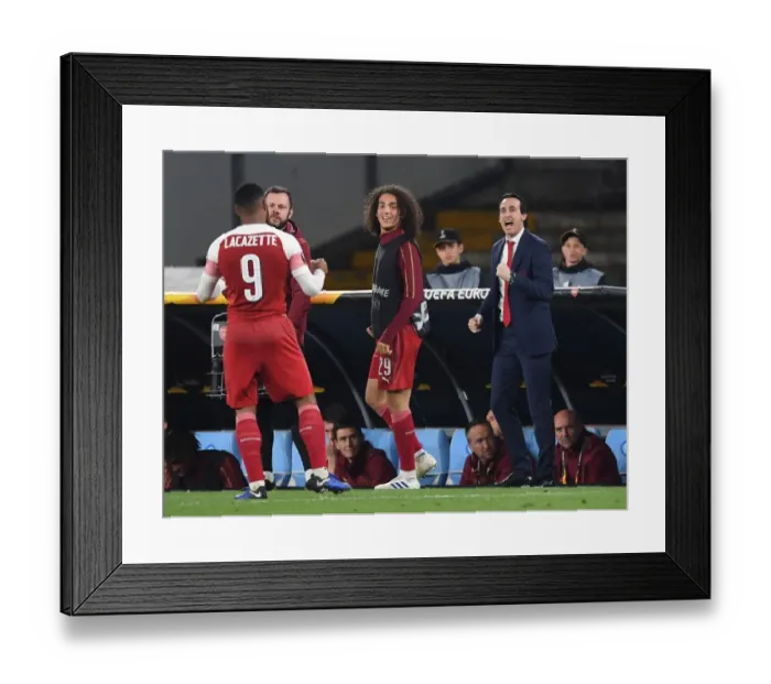 Framed Print : Arsenal's Lacazette Scores in Europa League Quarterfinal against Napoli, Guendouzi and Emery Celebrate