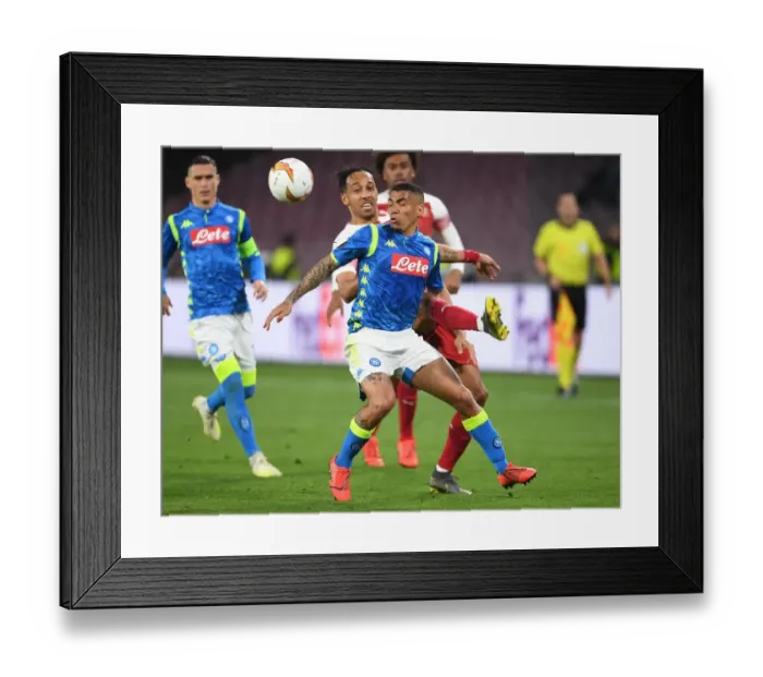 Framed Print : Aubameyang vs. Allan: Intense Rivalry in Arsenal's Europa League Showdown with Napoli