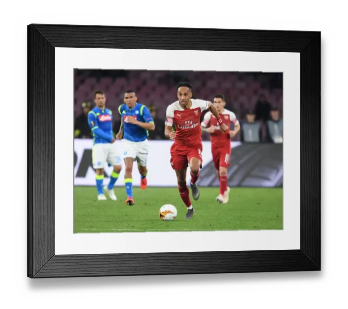Framed Print : Arsenal's Aubameyang in Action: Napoli's Europa League Quarterfinal (2019)