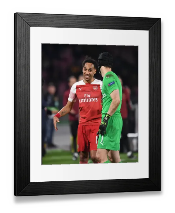 Framed Print : Arsenal's Aubameyang and Cech Celebrate Quarter-Final Victory Over Napoli