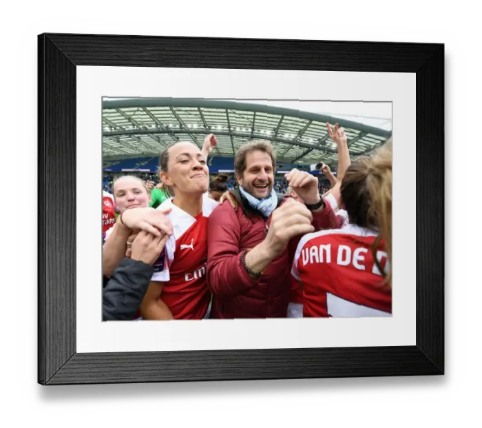 Framed Print : Arsenal Women Celebrate FA WSL Title with Montemurro and McCabe: Triumph at Amex Stadium