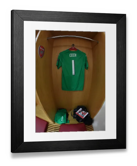 Framed Print : Arsenal's Empty Changing Room: Petr Cech's Shirt Hangs Awaiting Europa League Semi-Final Battle Against Valencia Framed Print : Arsenal's Empty Changing Room: Petr Cech's Shirt Hangs Awaiting Europa League Semi-Final Battle Against Valencia