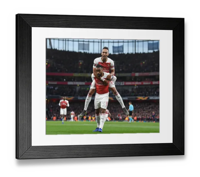 Framed Print : Arsenal's Lacazette and Aubameyang Celebrate Goal in Europa League Semi-Final vs Valencia